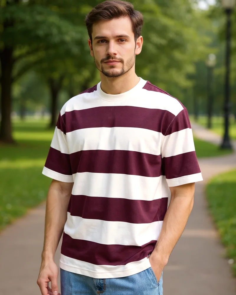 bewakoof Men's Wine Maroon & White Striped Oversized T-shirt